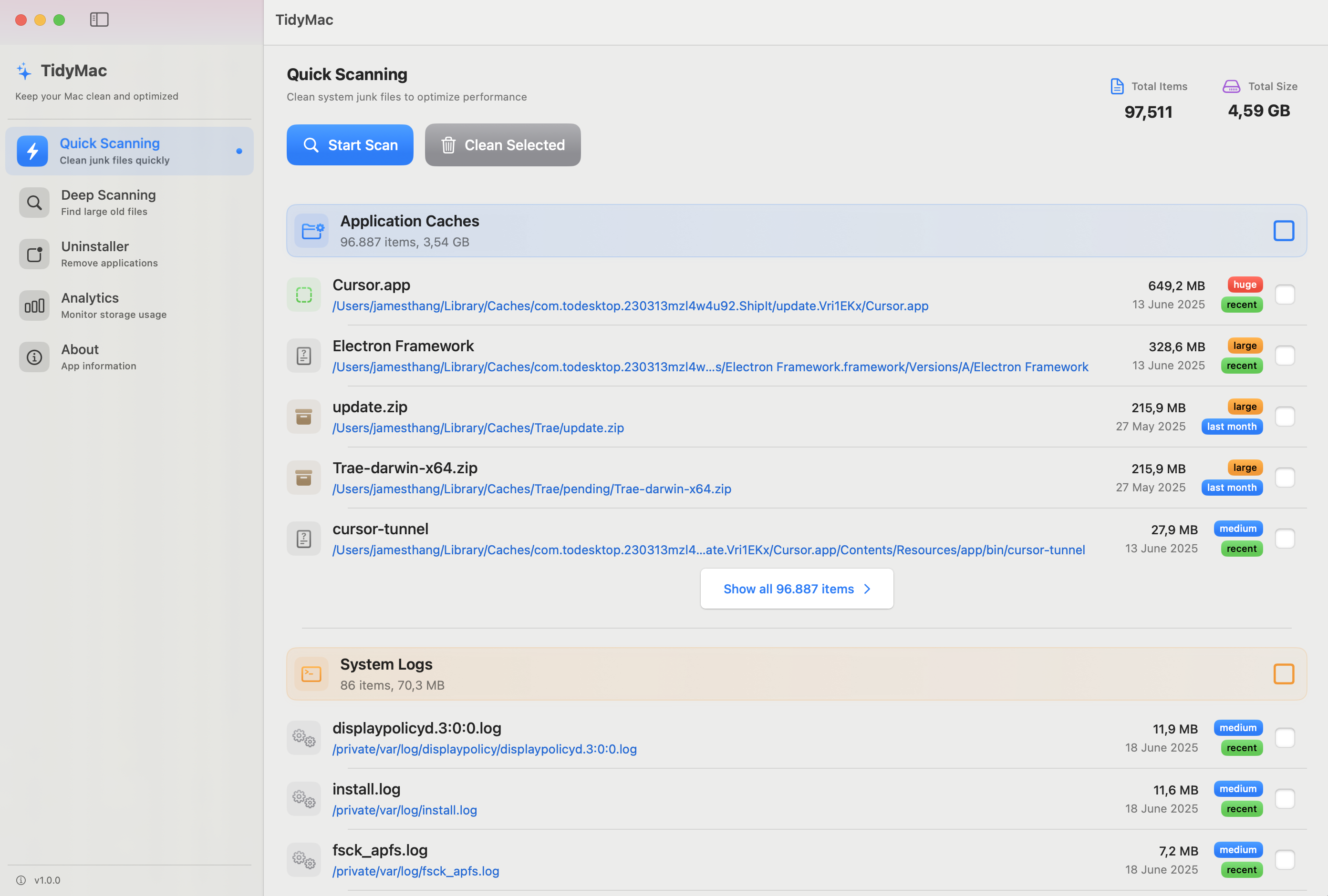 Tidora Mac cleaning utility showing a scan of application caches and system logs